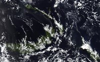 Framed volcanic Plume from the Rabaul Caldera Blows along the island of New Ireland