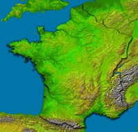 Framed Topographic Image of France Showing Shaded Relief and Colored Height