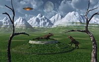 Framed Sabre-Tooth Tigers Encountering UFO's