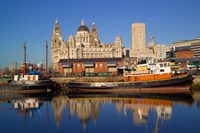 Framed Liver Building and Tug Boats from Albert Dock, Liverpool, Merseyside, England