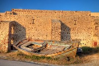 Framed Old fishing boat on dry land, Oia, Santorini, Greece