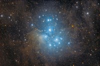 Framed Pleiades, an open star cluster in the Constellation of Taurus