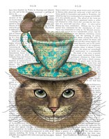 Framed Cheshire Cat with Cup on Head