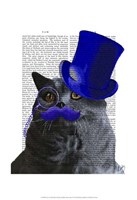 Framed Grey Cat With Blue Top Hat and Blue Moustache