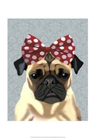 Framed Pug with Red Spotty Bow On Head