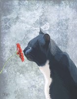 Framed Black Cat Sniffing Flower