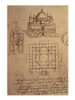 Framed Sketch of a Square Church with Central Dome & Minaret