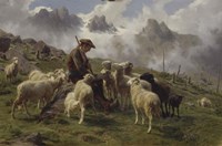 Framed Shepherd Boy in the Pyrenees Offering Salt to his Sheep, 1864