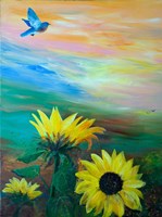 Framed BlueBird Flying Over Sunflowers