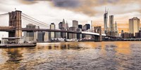 Framed Brooklyn Bridge and Lower Manhattan at sunset, NYC