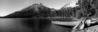 Framed Canoe in lake in front of mountains, Leigh Lake, Rockchuck Peak, Teton Range, Wyoming