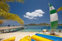 Framed Jetty, boats and hobie cat, Plantation Island Resort, Malolo Lailai Island, Mamanuca Islands, Fiji