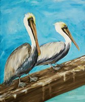 Framed Two Pelicans on Dock Rail
