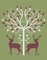 Framed Christmas Des - Deer and Heart Tree, Pink On Green