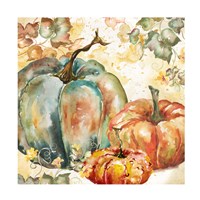 Framed Watercolor Harvest Teal and Orange Pumpkins I