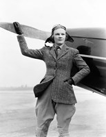 Framed 1930s Woman Aviator Pilot Standing Next To Airplane
