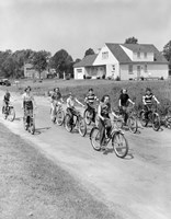 Framed 1950s Group Of  Boys And Girls Riding Bicycles