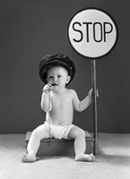 Framed 1940s Baby Boy Holding Stop Sign