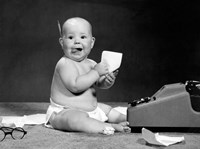 Framed 1960s Eager Baby Accountant Working At Adding Machine