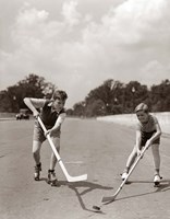 Framed 1930s 1940s 2 Boys With Sticks And Puck