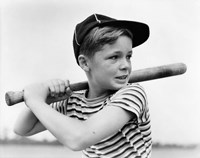 Framed 1930s Boy At Bat Wearing A Horizontal Striped Tee Shirt
