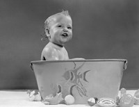 Framed 1940s 1950s Smiling Baby In Bath Tub Studio Indoor