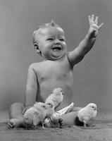 Framed 1950s Laughing Baby Surrounded By Little Baby Chicks