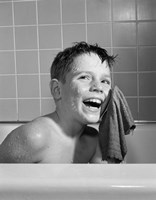 Framed 1950s 1960s Boy Washing Face Sitting In Bathtub