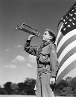 Framed 1950s Boy Scout In Uniform Standing In Front American Flag