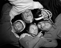 Framed 1960s Five Boys In Huddle Wearing Helmets & Football Jerseys