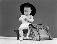 Framed 1940s Baby In Fedora Seated On Stool