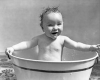 Framed 1920s 1930s Wet Baby Girl Sitting In Metal Wash Tub