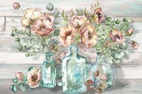 Framed Blush Poppies and Eucalyptus in bottles landscape