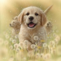 Framed Golden Retriever Puppy - Dandelions - Square