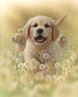 Framed Golden Retriever Puppy - Dandelions