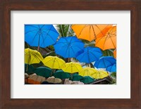 Framed Mauritius, Port Louis, Caudan Waterfront Area With Colorful Umbrella Covering