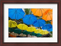 Framed Mauritius, Port Louis, Caudan Waterfront Area With Colorful Umbrella Covering
