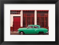 Framed Cuba, Havana Green Car, Red Building On The Streets