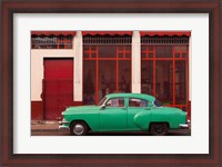 Framed Cuba, Havana Green Car, Red Building On The Streets