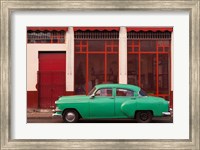 Framed Cuba, Havana Green Car, Red Building On The Streets