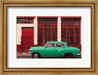 Framed Cuba, Havana Green Car, Red Building On The Streets