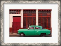 Framed Cuba, Havana Green Car, Red Building On The Streets