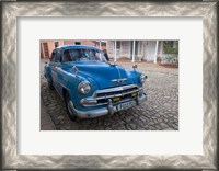Framed Cuba, Trinidad Blue Taxi Parked On Cobblestones