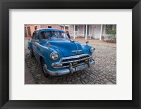 Framed Cuba, Trinidad Blue Taxi Parked On Cobblestones