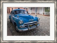 Framed Cuba, Trinidad Blue Taxi Parked On Cobblestones