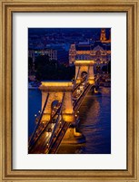 Framed Hungary, Budapest Chain Bridge Lit At Night