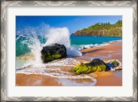 Framed Surf Crashing On Rocks At Secret Beach, Kauai, Hawaii
