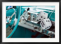 Framed 1950's Fuzzy Dice In A Teal Car