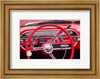 Framed Classic Red Steering Whell At An Antique Car Show