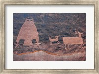 Framed Ancient Petroglyph Of Owl And Big Horn Sheep, Utah